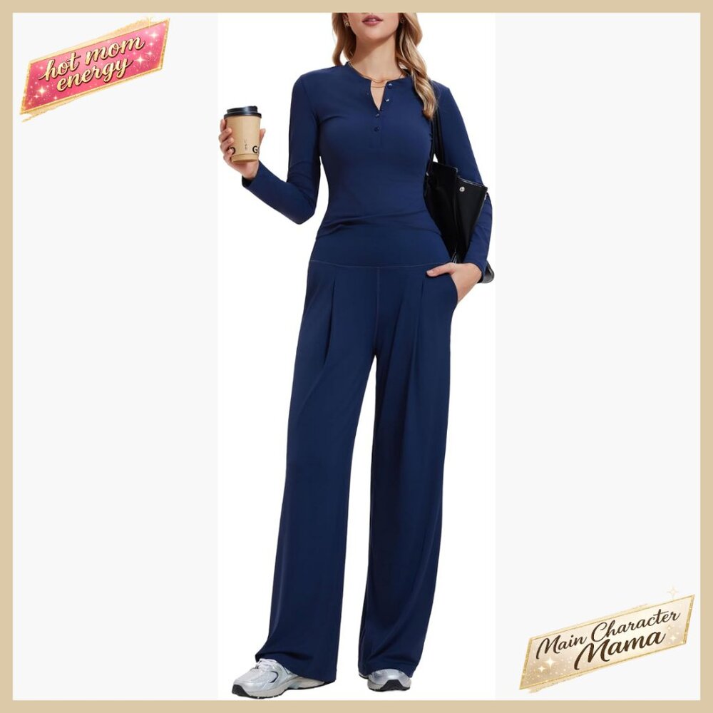 Slim Fit Lounge Set Long Sleeve Henley Top Wide Leg Pants Travel Casual